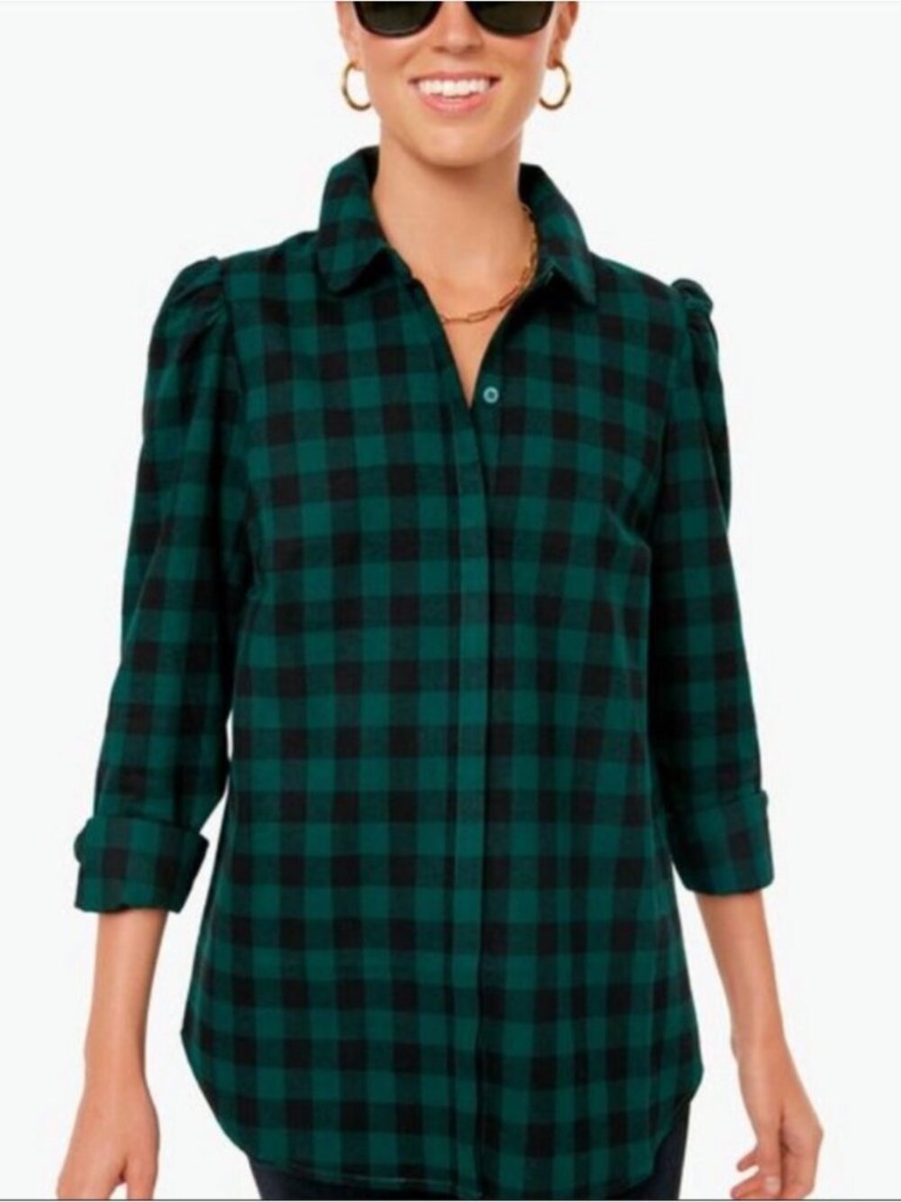 Tuckernuck Saranac Tartan Plaid Puff Shoulder Flannel Shirt in Blackwatch Size L